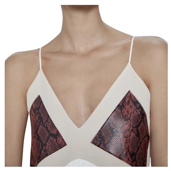 Zara Midi Slip Dress Women M Beige Cream Pleated Snakeskin Slit Blogger Favorite - Picture 3 of 14